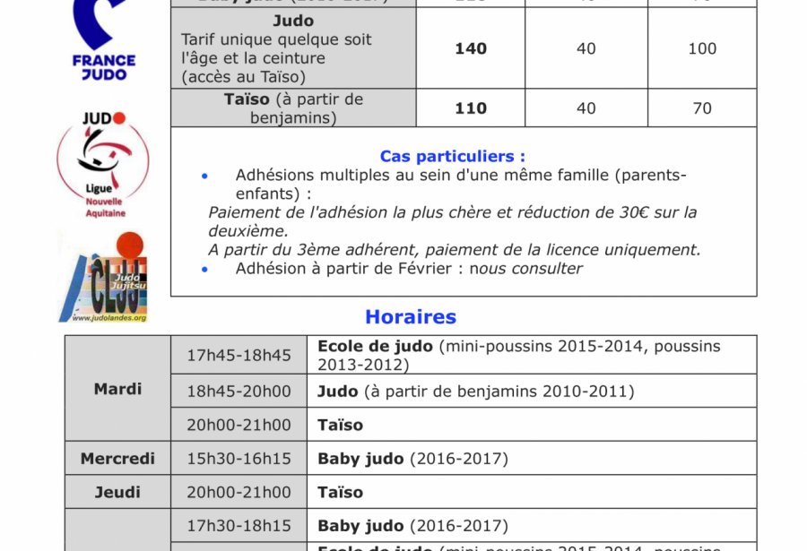 Horaires et tarifs saison 2021-2022